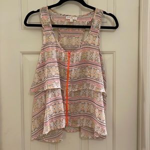 Love, Fire orange and pink tank blouse with neon orange zipper. Size large